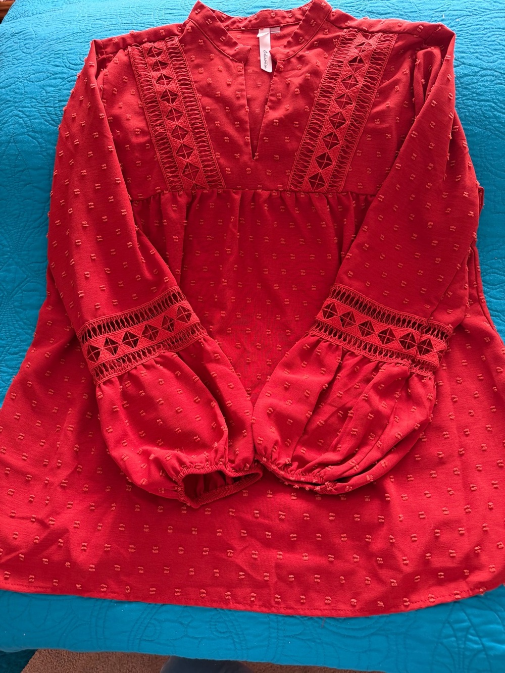 NY Collection Red Textured V-Neck Lace-Trim Blouse
